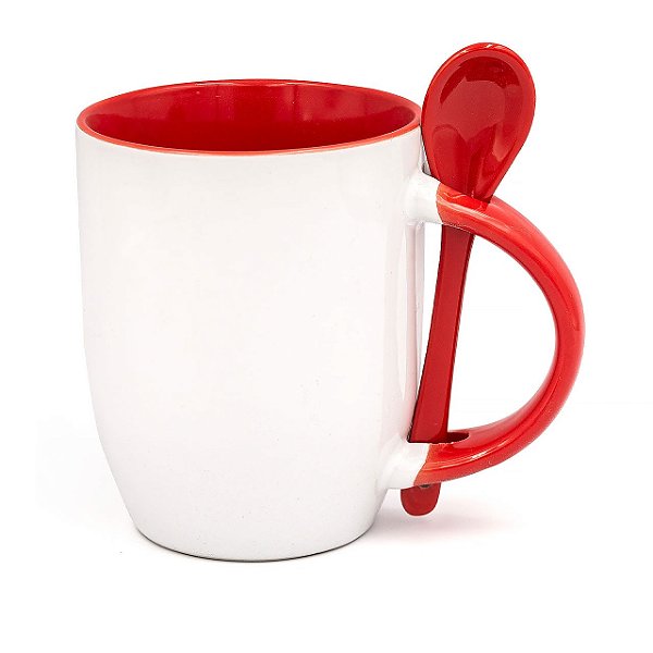 Caneca Branca para Sublimação Semi Cônica com Colher Interior e Alça Vermelho