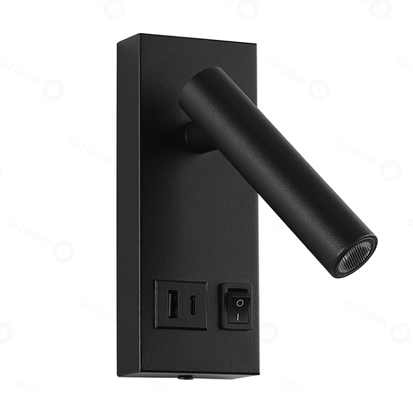 ARANDELA LEITURA 2W PRETA DIRECIONÁVEL USB TIPO-C 3000K