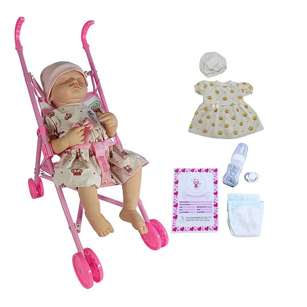 Boneca Bebê Reborn Rosalie Olhos Fechados com Carrinho