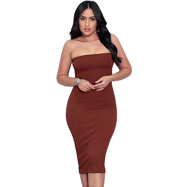 Vestido Midi Tubinho Coladinho Tomara que Caia Bandeau Anarruga - CRISS MARROM
