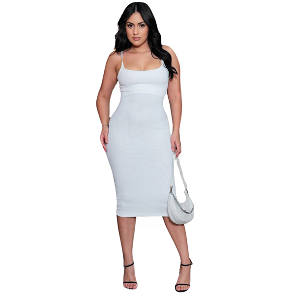 Vestido feminino midi coladinho com alças finas tubinho anarruga - BELLA BRANCO