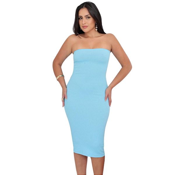 Vestido Midi Tubinho Coladinho Tomara que Caia Bandeau Anarruga - CRISS AZUL BEBÊ