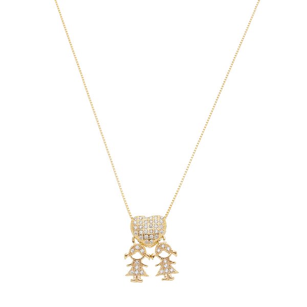 Gargantilha Coração Cravejado Duas Meninas Banhado a Ouro 18K