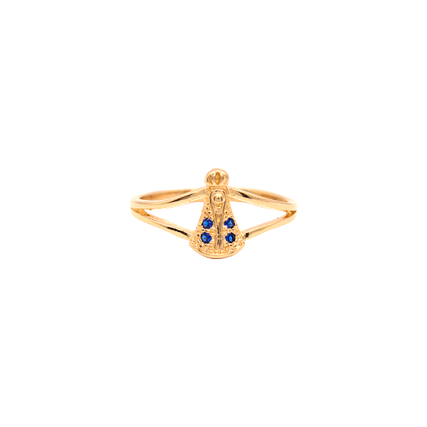 Anel Nossa Senhora Aparecida Cravejado Zircônia Azul Banhado a Ouro 18K