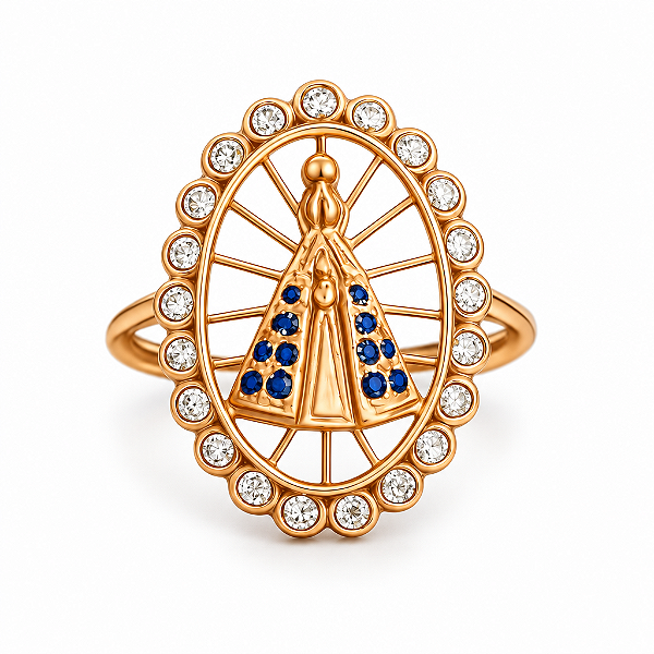 Anel N. S. Aparecida Manto Cravejado Banhado a Ouro 18K