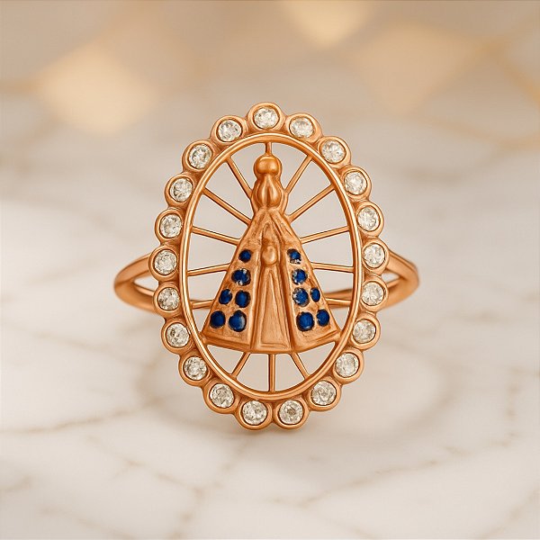 Anel N S Aparecida Aro Duplo Manto Cravejado Banhado a Ouro 18K