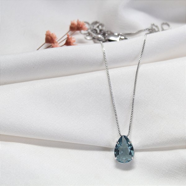 Colar com Pingente Gota Zircônia Azul 60cm