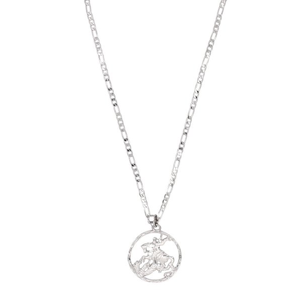 Colar Corrente Fígaro Com Pingente São Jorge Banhado A Ródio Tam 70Cm