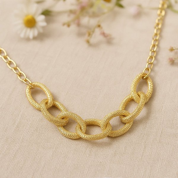 Colar elos ovais lisos e diamantados 40cm banhado a Ouro 18K