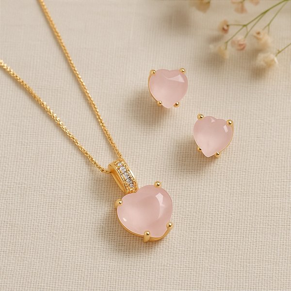 Conjunto Coração Zircônia Rosa Tam 45cm