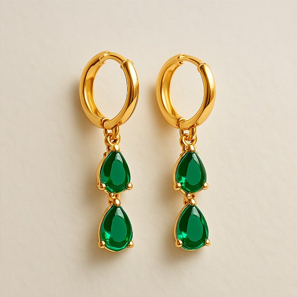Brinco Clic 2 Gotas Esmeralda Banhado a Ouro