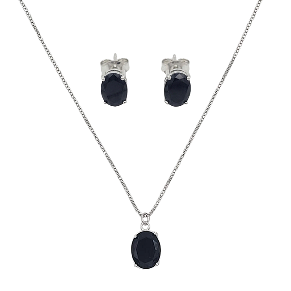 Conjunto Oval Ônix Banhado a Ródio Branco