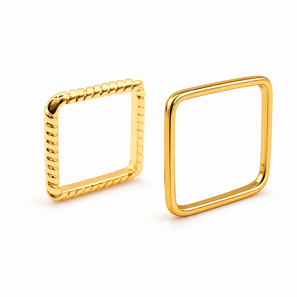 KIt Duo Anéis Quadrados Liso e Fio Torcido Nº 19 Banhado a Ouro 18K