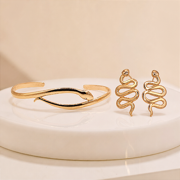 Kit Brinco e Bracelete Serpente Banhado a Ouro 18K