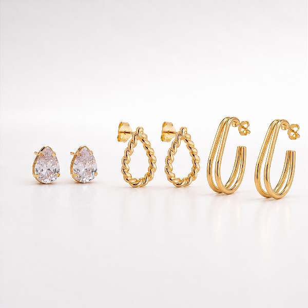 Kit Brincos Banhados a Ouro 18k Gota Zircônia, Gota Vazada e Meia Argola