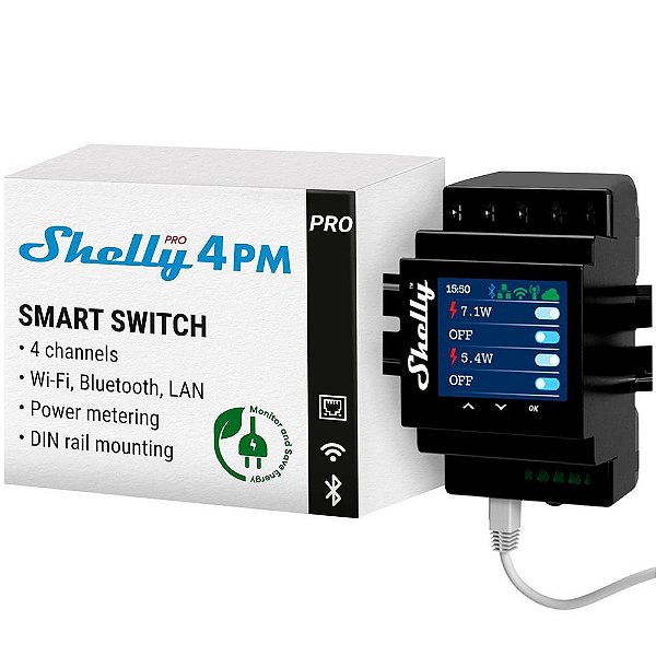 Shelly Pro 4PM Módulo Relé Inteligente 4 Canais Wi-Fi Bluetooth e Ethernet com Medidor de Consumo para Trilho DIN Bivolt Preto