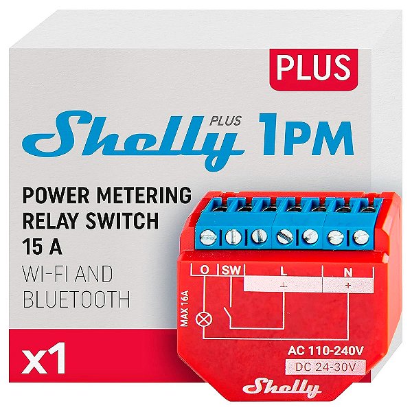 Shelly Plus 1PM Módulo Relé Inteligente Operado por Wi-Fi com Medidor de Consumo 1 Canal 15A Vermelho Bivolt