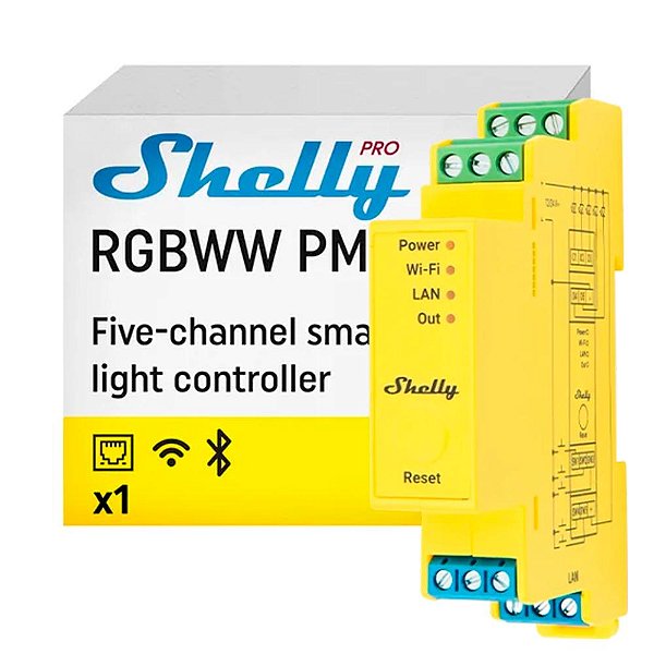 Shelly Pro RGBWW PM Controlador Inteligente 5 Canais RGBW para Calha DIN LAN WiFi Bluetooth