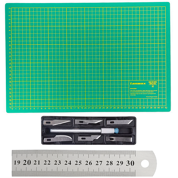 Base Corte A3 + Estilete Bisturi 6 Lâminas + Régua 30cm