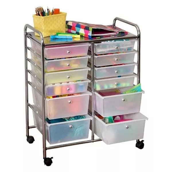Carrinho Multiuso Organizador Em Aço C/ 12 Gavetas E Rodas C