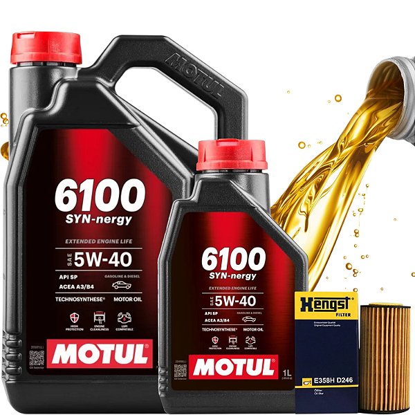 Kit Troca de Óleo 5L Motul 5W40 A3 A4 Q3 Jetta Golf Tiguan Passat Filtro de Óleo Hengst (REFIL)