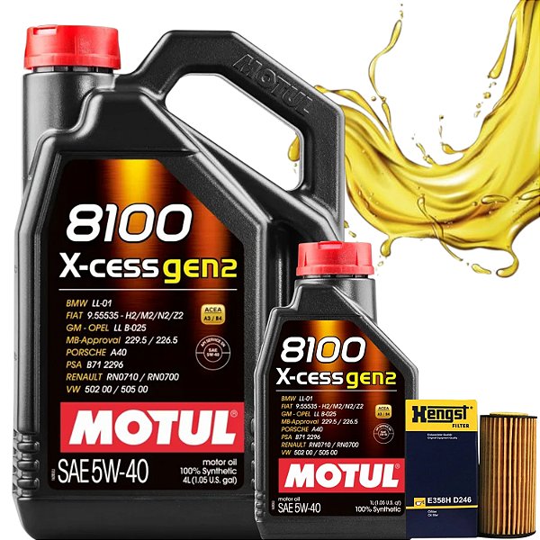 Kit Troca de Óleo 5L Motul 5W40 8100 X-Cess Gen2 A3 A4 Q3 Jetta Golf Tiguan Passat Filtro de Óleo Hengst (REFIL)