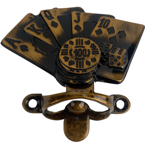 Abridor de Garrafas Baralho Poker em Metal Ouro Velho Escovado 8x7,7cm