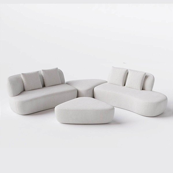 Sofá Living Modulado de Canto com Puff 3,00m x 3,30m em Boucle essência Off White - Van Gogh - Home Mobily