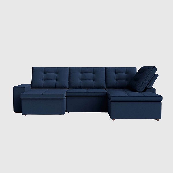 Sofá Retrátil e Reclinável com Chaise 2,90m em Suede Mar Profundo - Detroit - Home Mobily