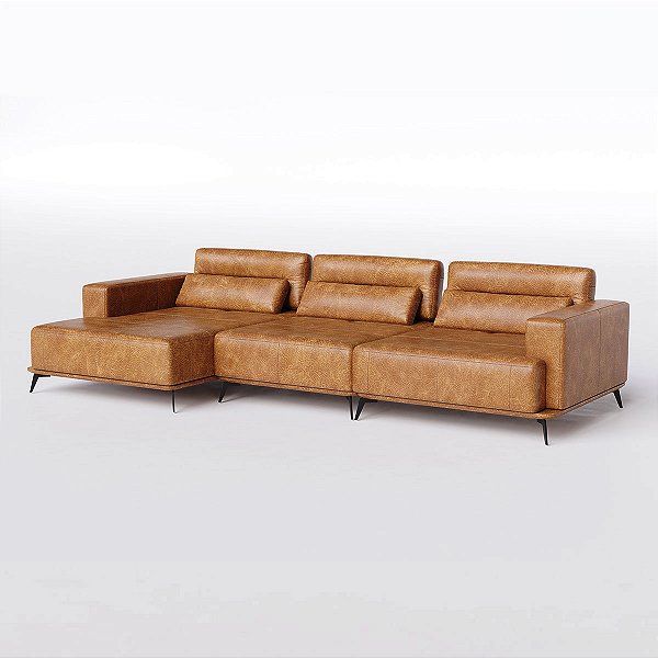 Sofá Houston com Chaise 3,47m em Couro Mel - Home Mobily