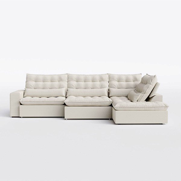 Sofá Volt com Chaise 2,80m em Veludo Atenas Off White - Home Mobily