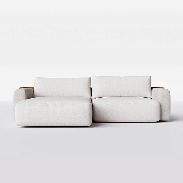 Sofá Cama Ibiza Sem Caixa com Super Chaise 2,00m em Linho Off White Areia e Corino Marrom