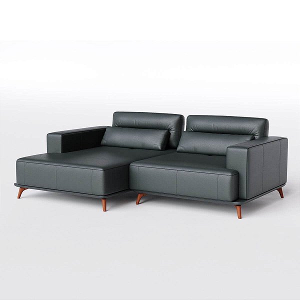 Sofá Living Fixo Houston com Chaise 2,28m em Couro Musgo