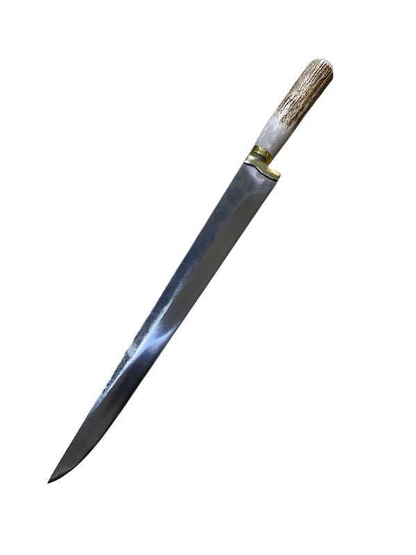 Faca Lingua de Ximango artesanal para churrasco carbono 12" cabo em chifre de cervo