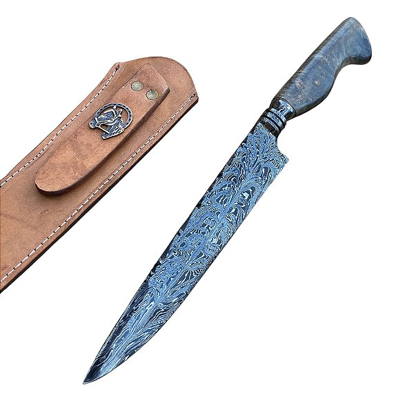 Faca Artesanal Forjada 8 Polegadas em Aço Damasco Padrão Pluma com Cabo Maple Burl