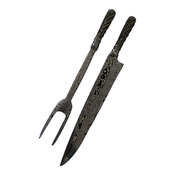 Kit Faca e Garfo Forjado em Aço Damasco 180 Camadas, Cabo em Madeira Nobre Aramado