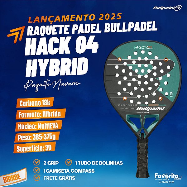 Raquete Padel Bullpadel Hack 04 Hybrid 2025 Carbono 18k - Paquito Navarro