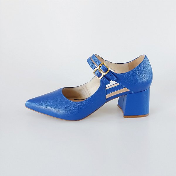 SCARPIN SALTO BAIXO BLOCO COURO AZUL BIC CONFORTAVEL
