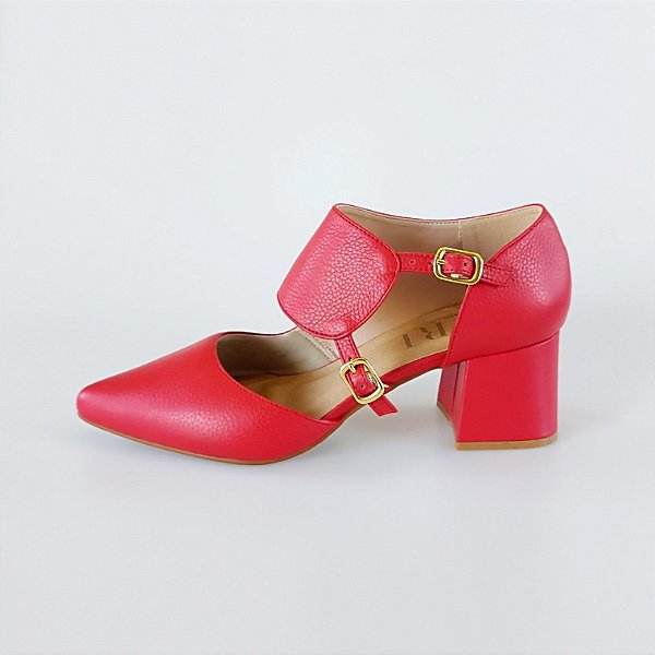 SCARPIN SALTO BAIXO BLOCO COURO VERMELHO CONFORTAVEL