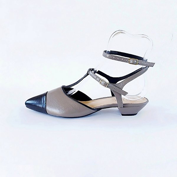 SCARPIN SALTO BAIXO FINO COURO CINZA PRETO CONFORTAVEL