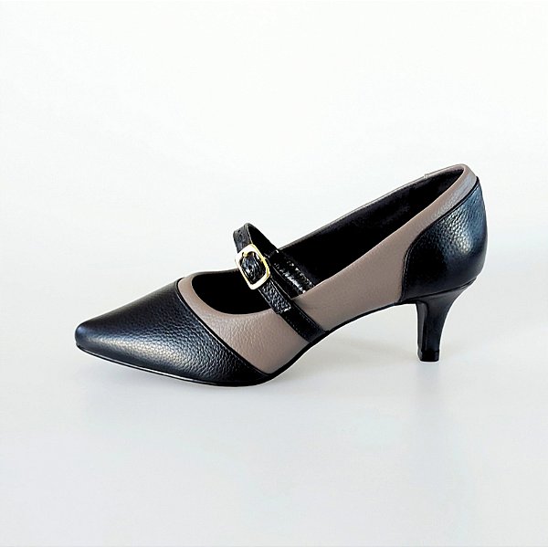 SCARPIN SALTO BAIXO FINO COURO PRETO CINZA CONFORTAVEL