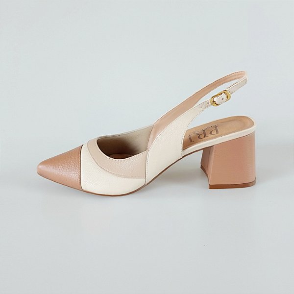 SCARPIN SALTO BAIXO BLOCO COURO NUDE OFF WHITE CONFORTAVEL
