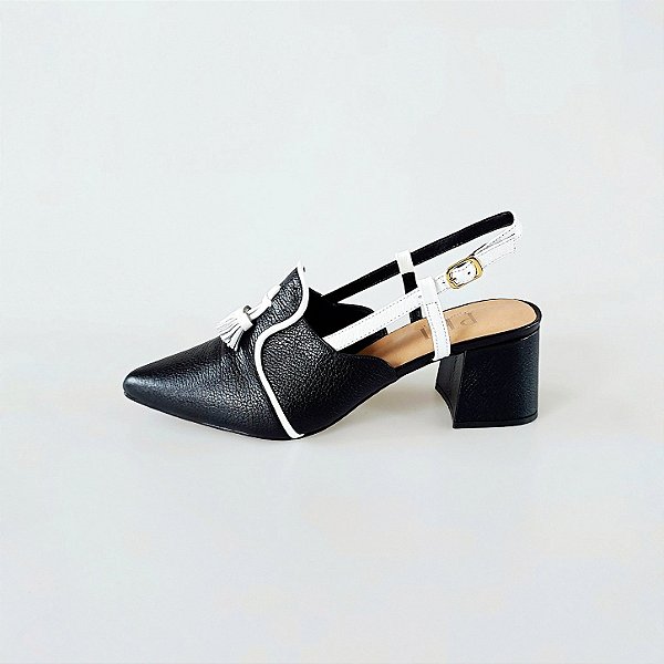 SCARPIN SALTO BAIXO BLOCO COURO PRETO BRANCO CONFORTAVEL
