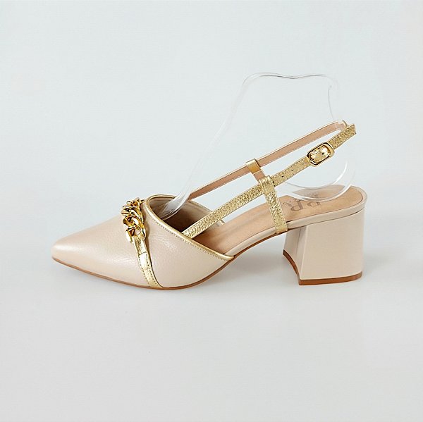 SCARPIN SALTO BAIXO BLOCO COURO NUDE DOURADO CONFORTAVEL