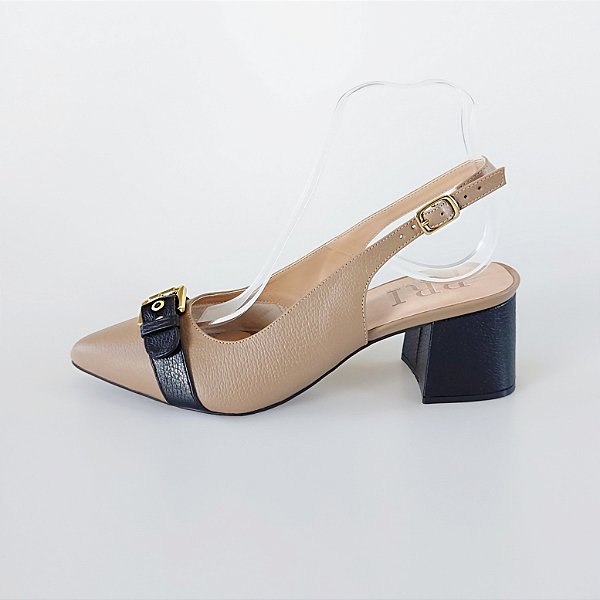 SCARPIN SALTO BAIXO BLOCO COURO NUDE ESCURO PRETO CONFORTAVEL