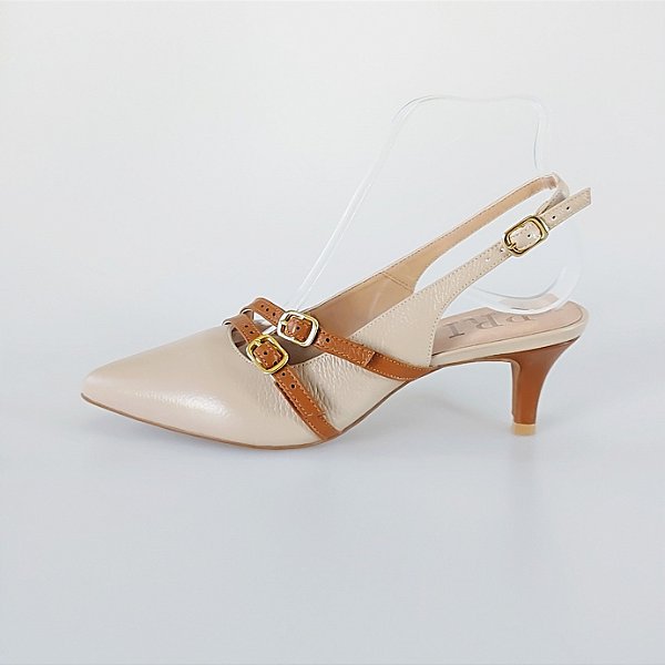 SCARPIN SALTO BAIXO FINO COURO NUDE CLARO CARAMELO CONFORTAVEL