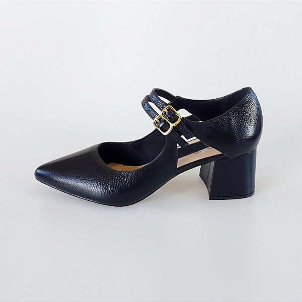 SCARPIN SALTO BAIXO BLOCO COURO PRETO CONFORTAVEL