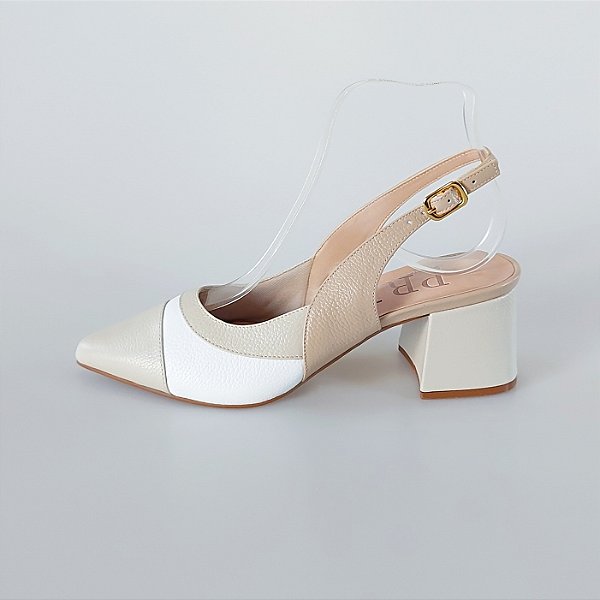 SCARPIN SALTO BAIXO BLOCO COURO OFF WHITE BRANCO NUDE CLARO CONFORTAVEL