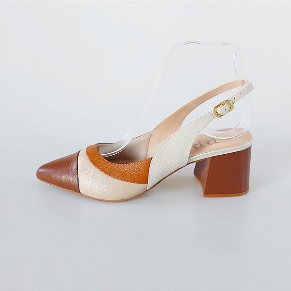 SCARPIN SALTO BAIXO BLOCO COURO MARROM NUDE CLARO CARAMELO OFF CONFORTAVEL
