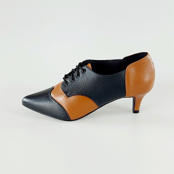 OXFORD SALTO BAIXO FINO COURO PRETO CARAMELO CONFORTAVEL